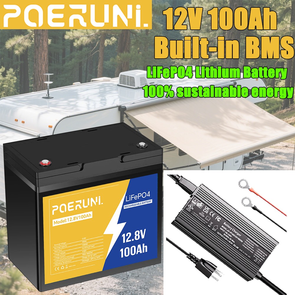 POERUNI 100Ah 12.8V LiFePO4 Lithium Battery with BMS 100Ah + 14.6V 20A Charger