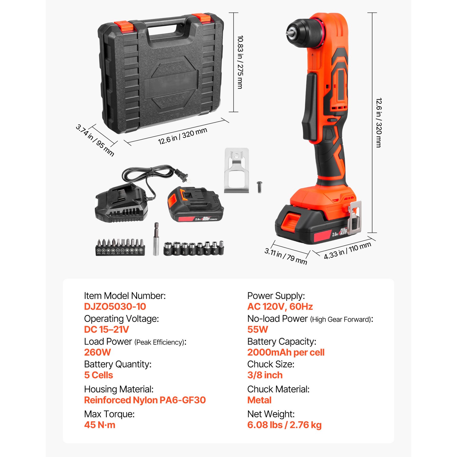 Uimoso Cordless 90-Degree Right Angle Drill with 3/8 Inch Chuck