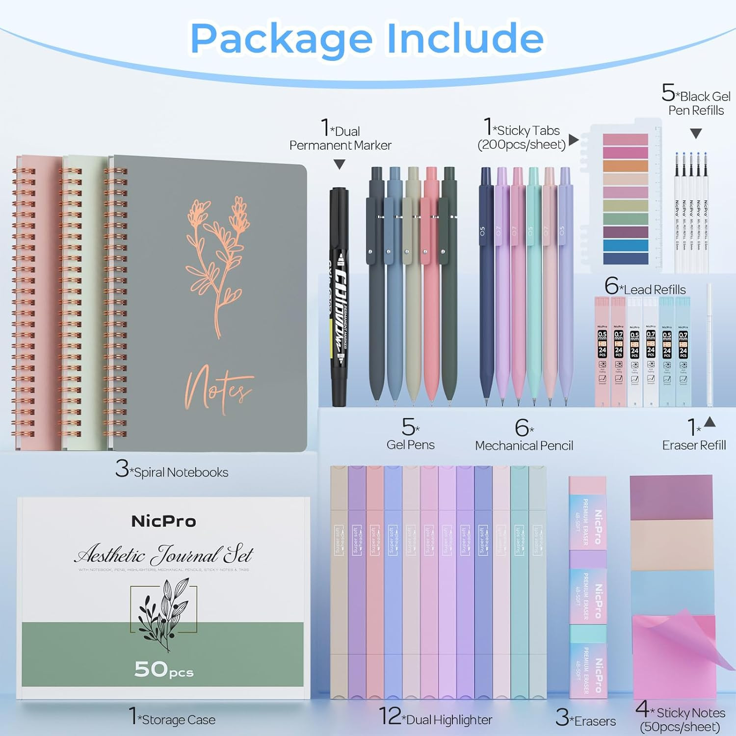 50PCS Cute Spiral Notebook Stationary Set for Women, Bible Journal Set, 3PCS A5