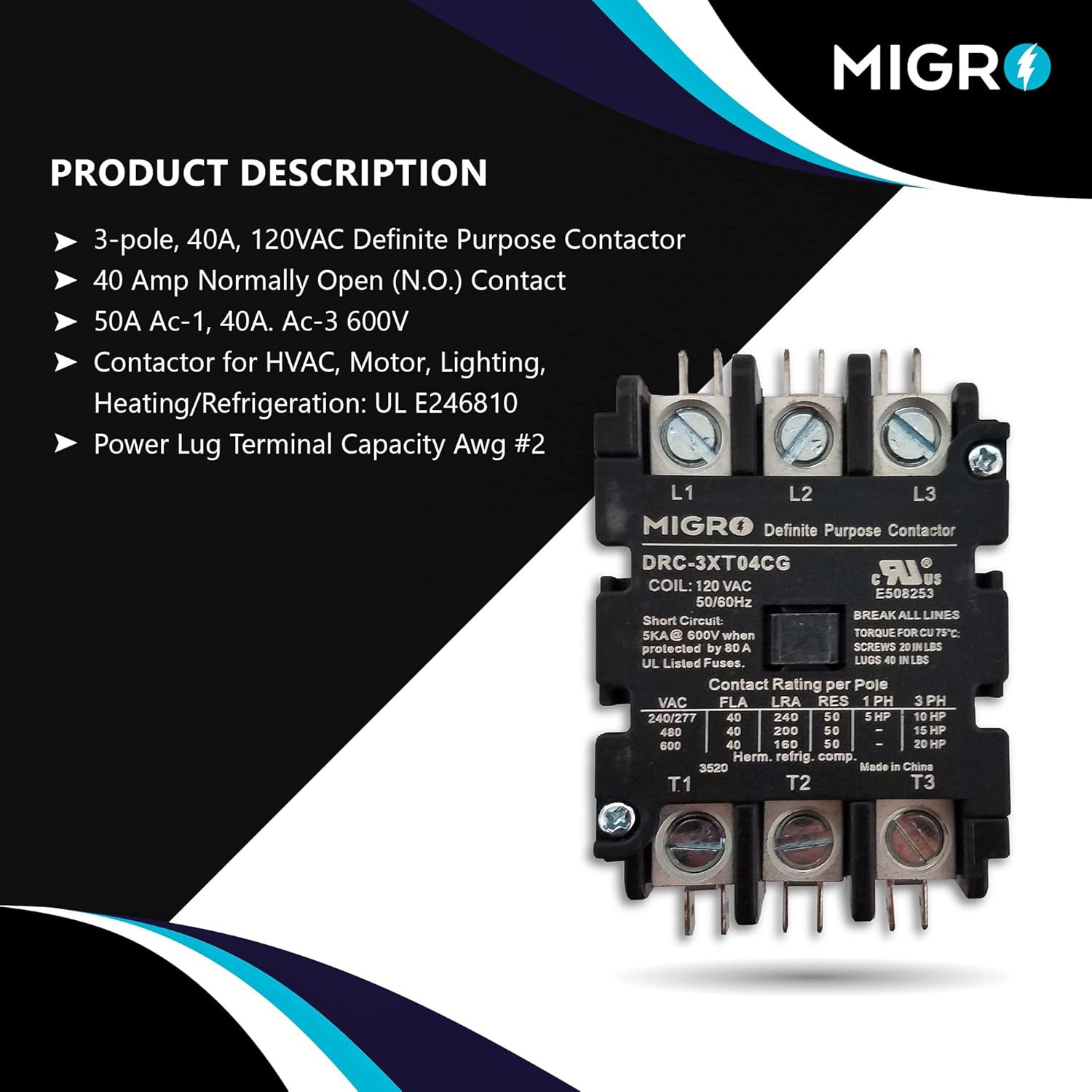 50 Amp Definite Purpose Contactor 3 Pole, 120VAC Coil 40A, 50A, Lighting, Heatin
