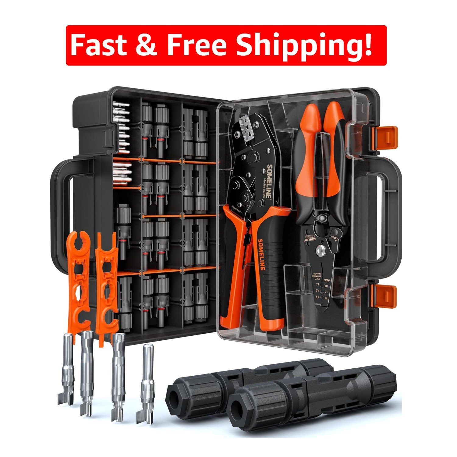 Ergonomic Solar Crimping Tool Kit: 14-10 AWG, 12 Pairs of Connectors Included