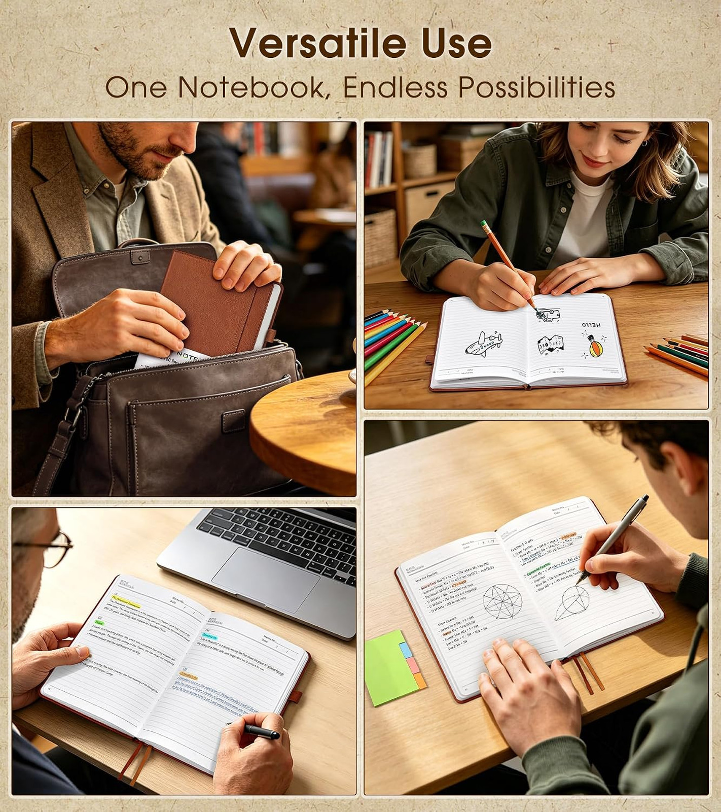 Lined Journal Notebook, A5 Hardcover Leather, 160 Pages, Brown, For Writing and