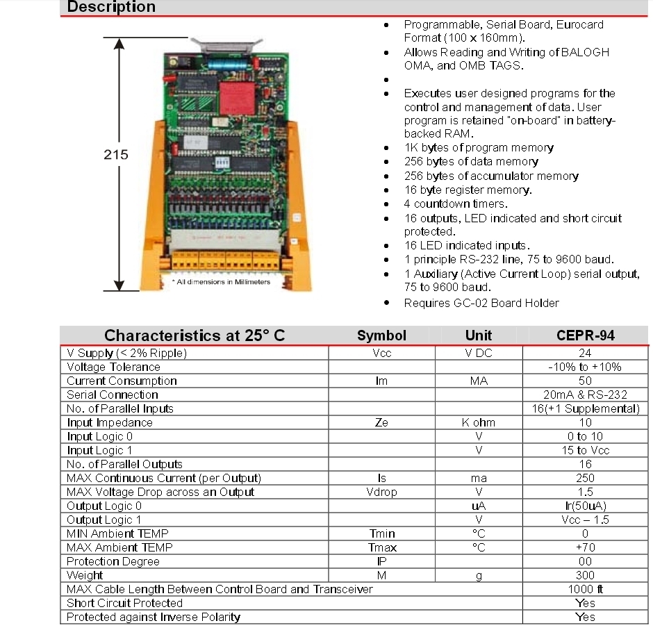 Balogh CEPR 94 OMB Tag Reader Control Board New Old Stock