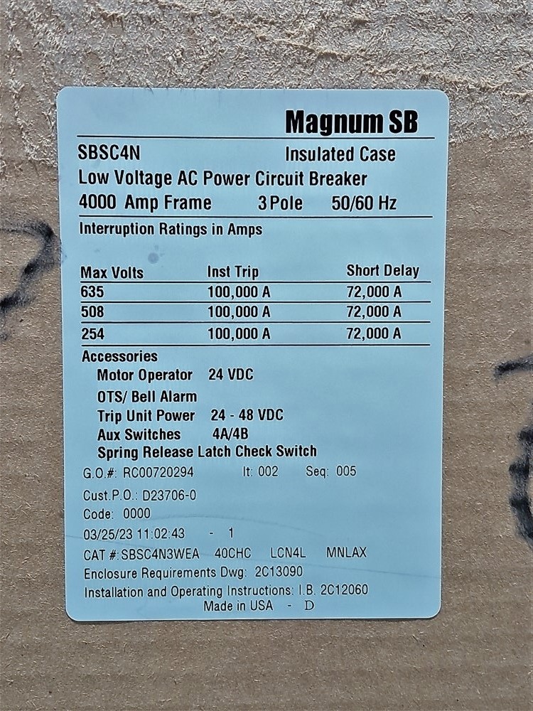 4000A EATON SBNC4N Magnum SB Circuit Breaker 635V SBSC4N3WEA 40CHC LCN4L MNLAX
