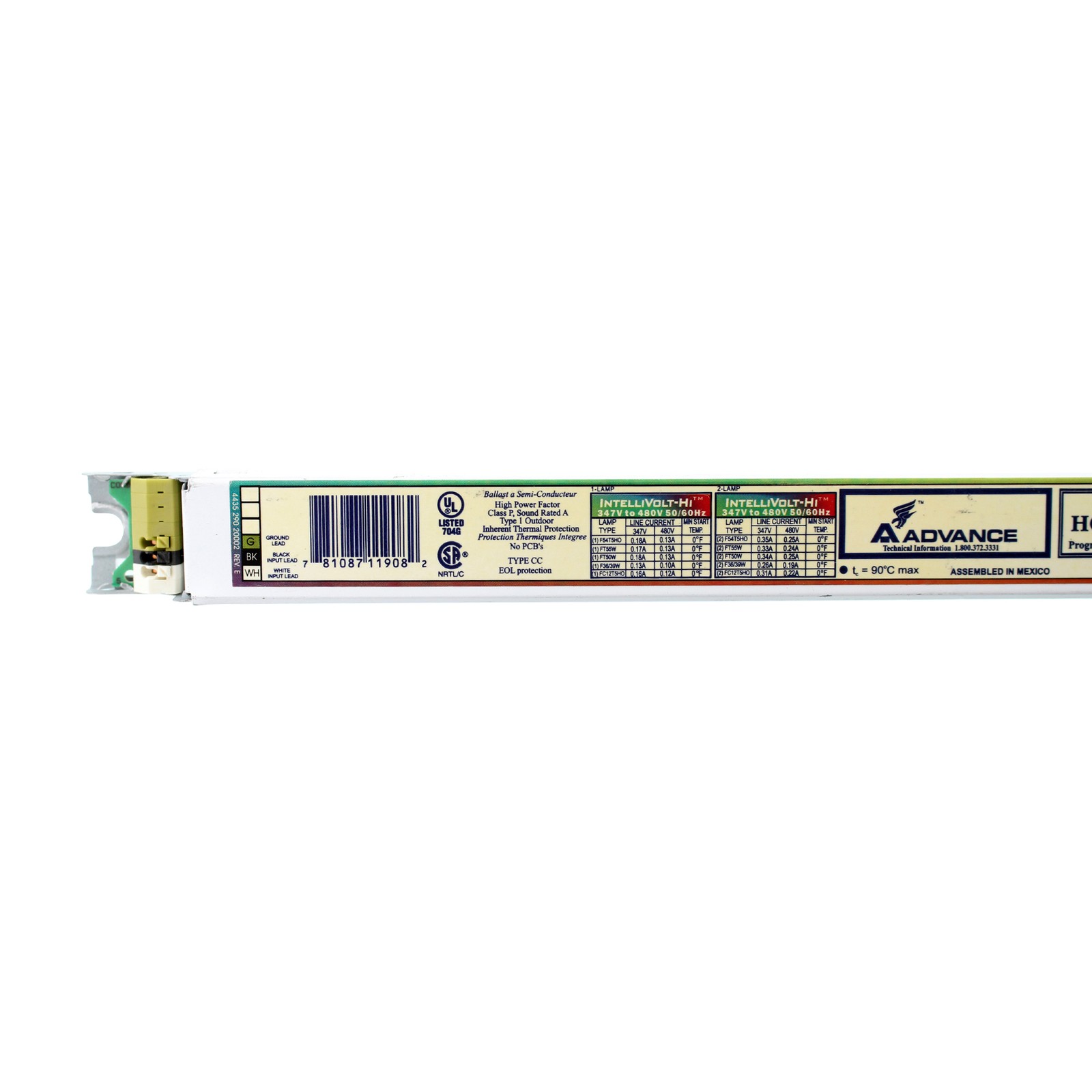 ADVANCE HCN-2S54-90C FLUORESCENT BALLAST, 2-LAMP, T5/HO F54T5HO 54W, 347/480V