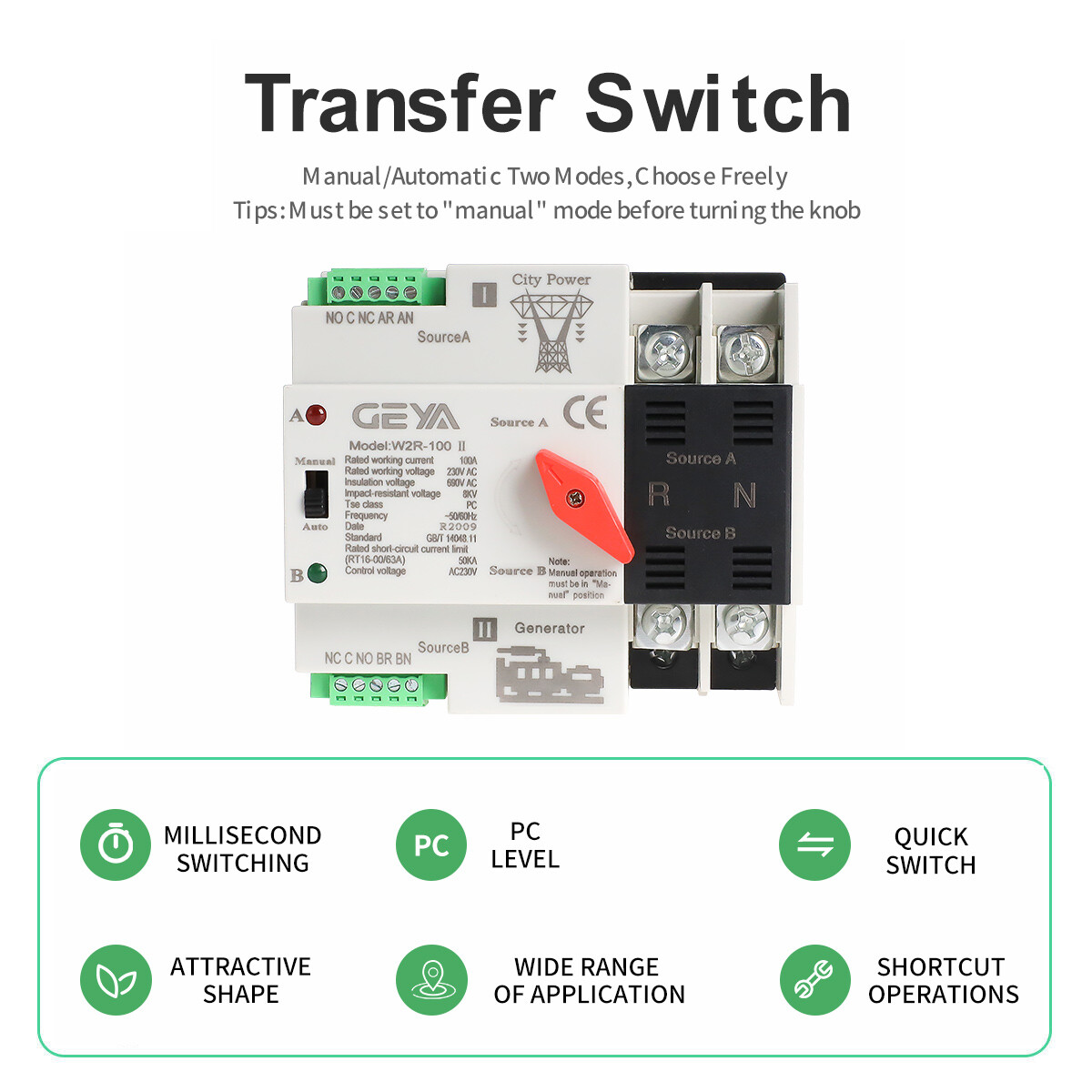 GEYA 3Pole 100A 230V Automatic Transfer Switch Dual Power Grid to Alternator60Hz