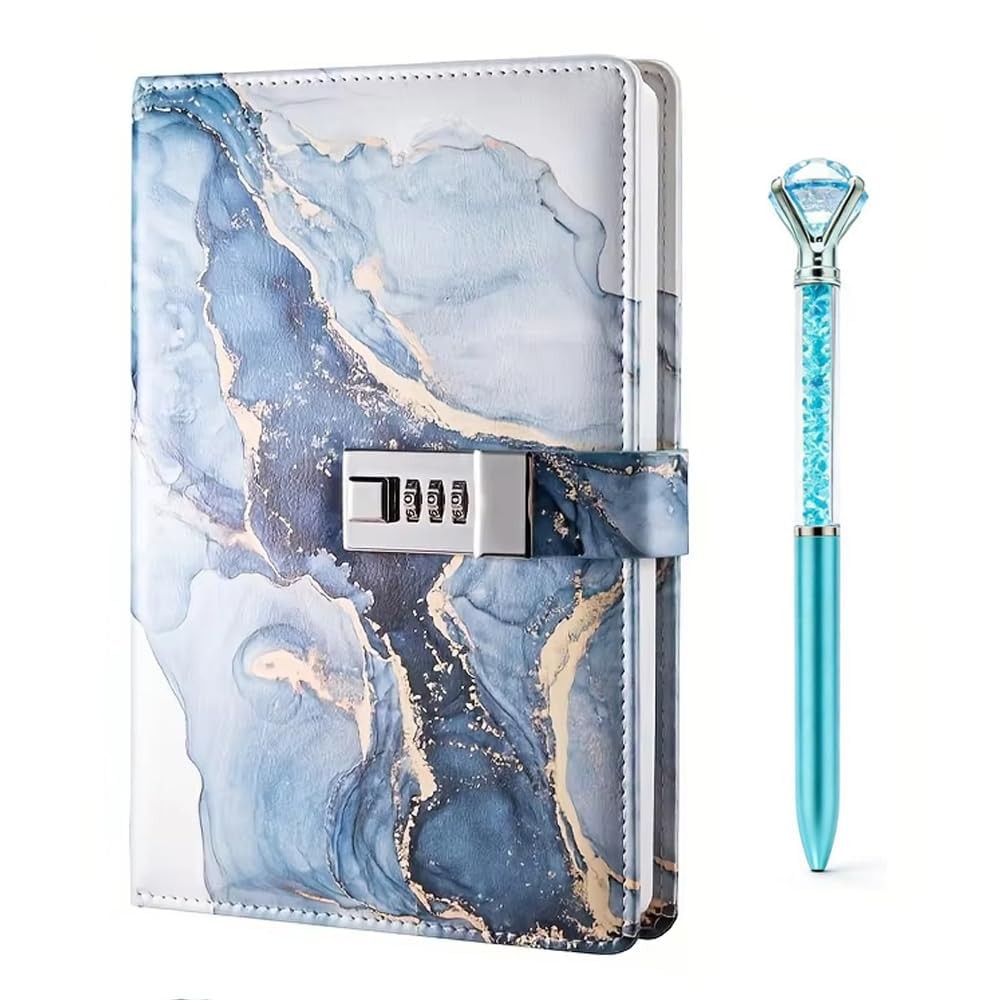 A5 Lockable Journal PU Leather Combination Lock Diary Blue 8.6 x 5.9 in