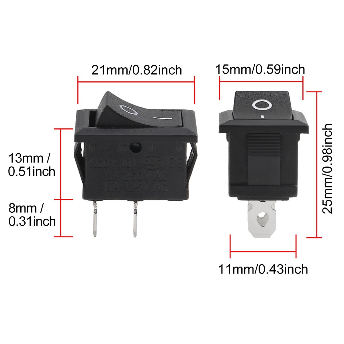 10Pcs Snap-In Rocker Switch ON/OFF 2 Pin SPST 125V 250V Car Boat