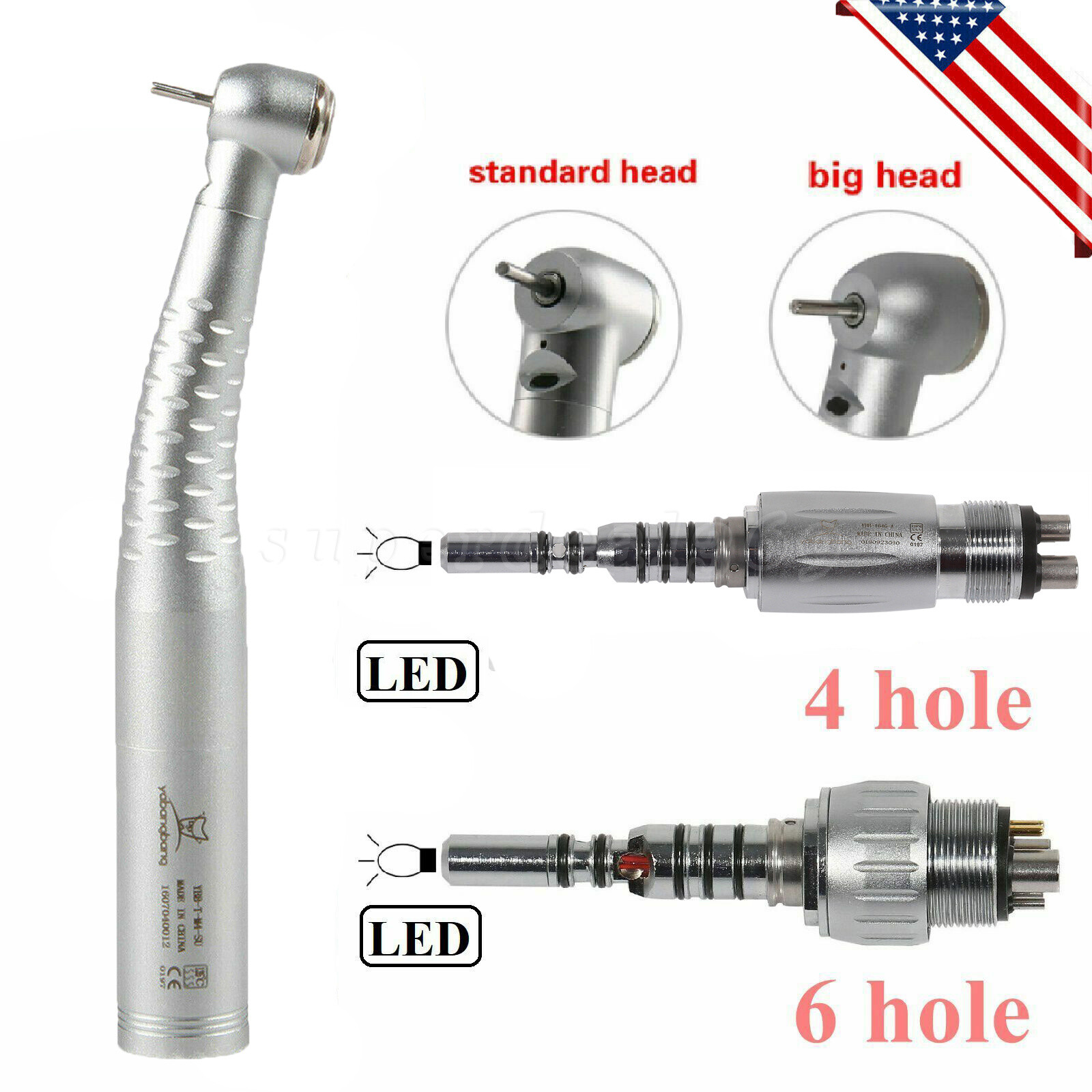 Dental High Speed Fiber Optic LED Handpiece Standard/Big+Quick Coupler 4/6Hole