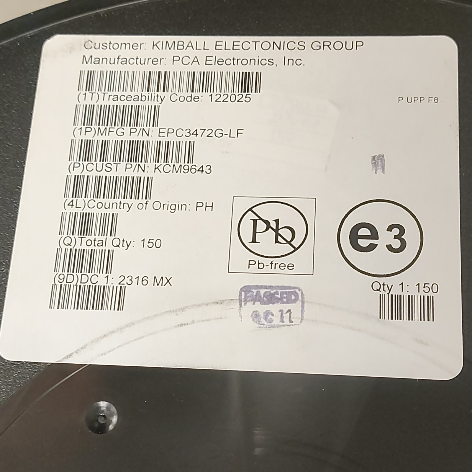 PCA Electronics, Inc. EPC3472G-LF Electronic Component Tape Reel Qty 150