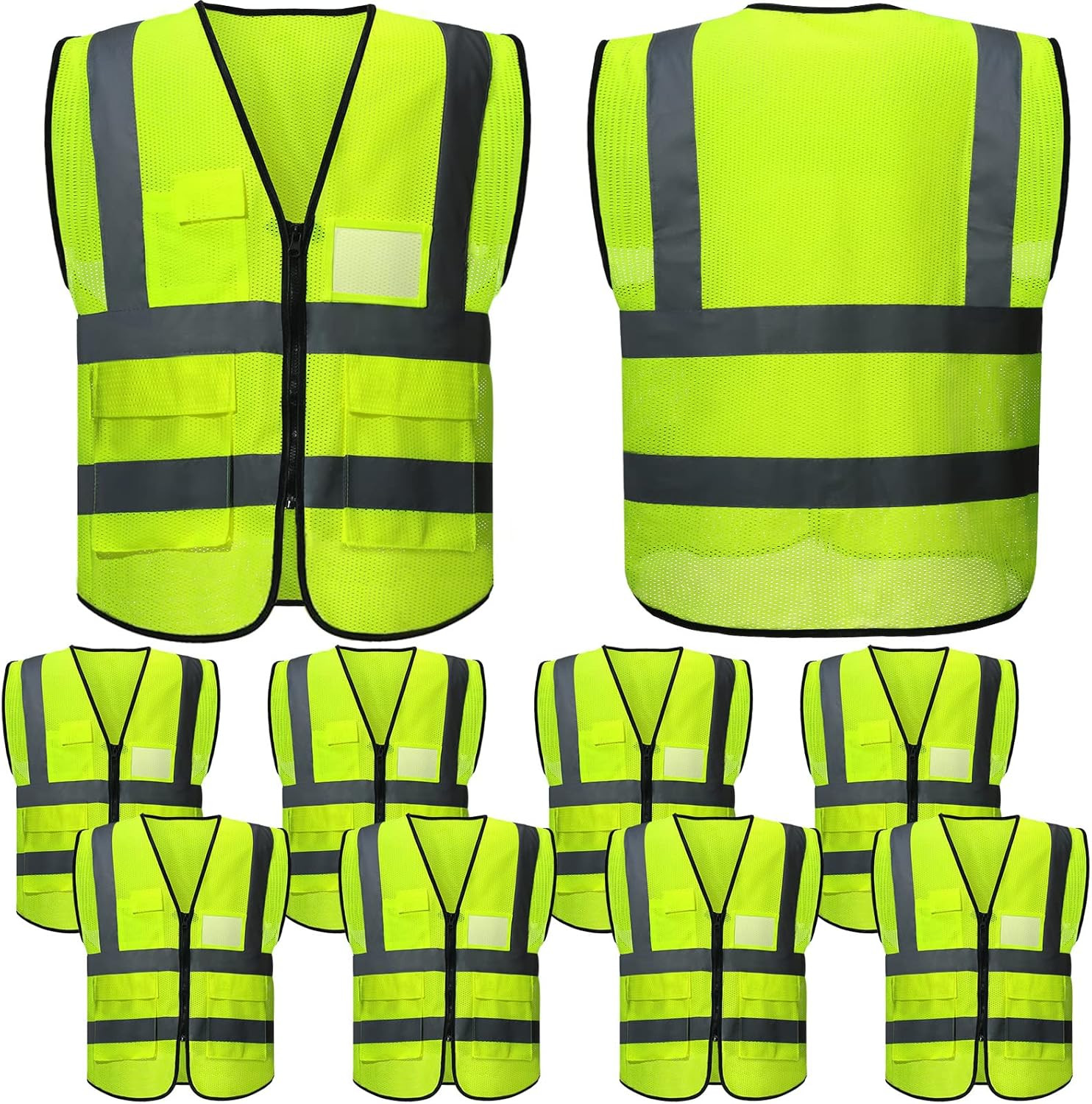 Jenpen 10 Pieces Reflective Safety Vests with Pockets and Zipper, High Visibilit