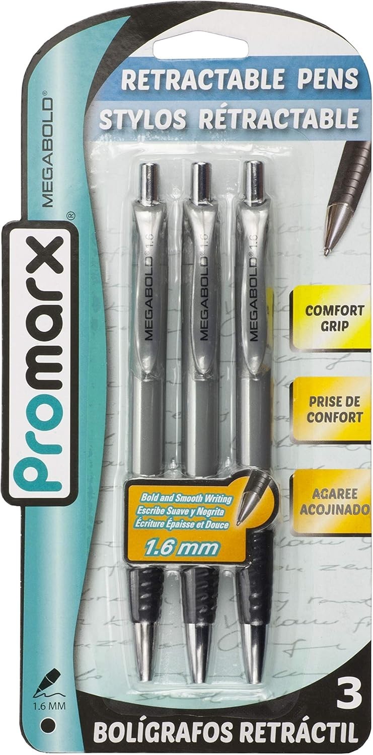 Promarx Megabold Retractable Ballpoint Pens with Comfort Grip, 1.6 mm, Black, 3
