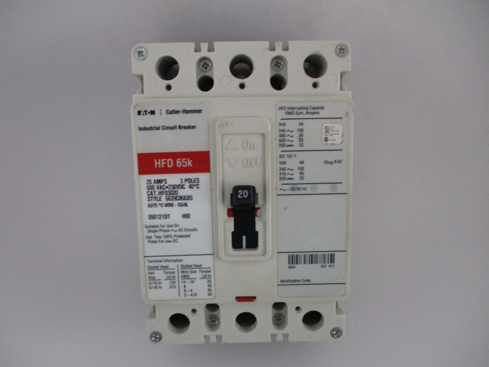 EATON HFD3020 20 AMP 3 POLE 600 VAC CIRCUIT BREAKER EXCELLENT CONDITION!!!