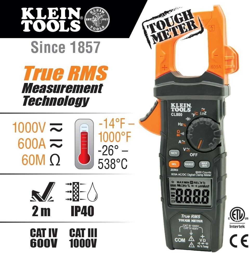 Heavy-Duty 1000V Digital Clamp Meter, TRMS 600A AC/DC with Complete Accessories
