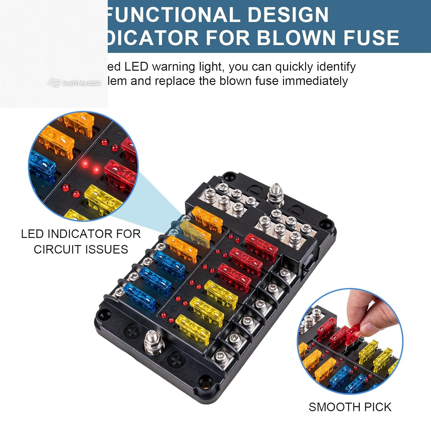 12 Way Fuse Block 12V Marine Fuse Box LED Indicator Automotive Blade Panel 24Pcs