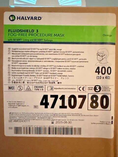 CASE of 400 LEVEL 3 “FOG FREE” Procedure Masks ORANGE Halyard FLUIDSHIELD* 47107