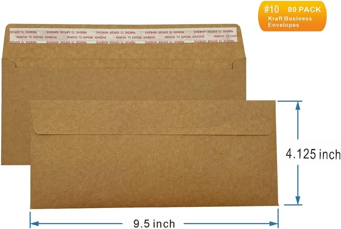80 Count Brown Kraft Envelopes 4.125 x 9.5 Inches – Self-Adhesive Seal