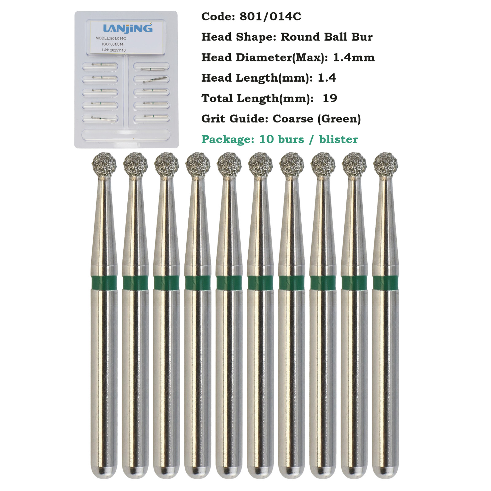 Dental Diamond Burs Surgical Long Bur Round Ball FG 801L/012M 801/023 High Speed