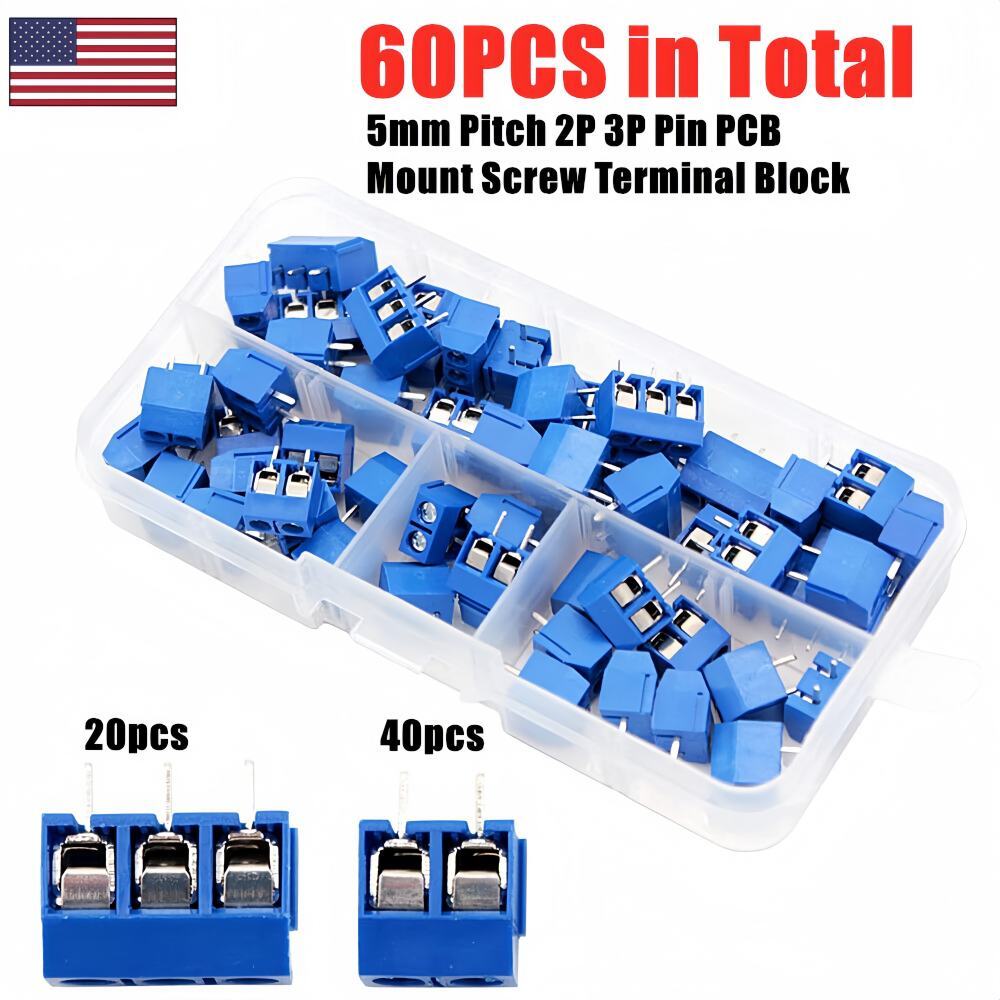60Pcs KF301-2P/3P PCB Mount Screw Terminal Block Connector 2/3Pin 5mm Pitch Blue