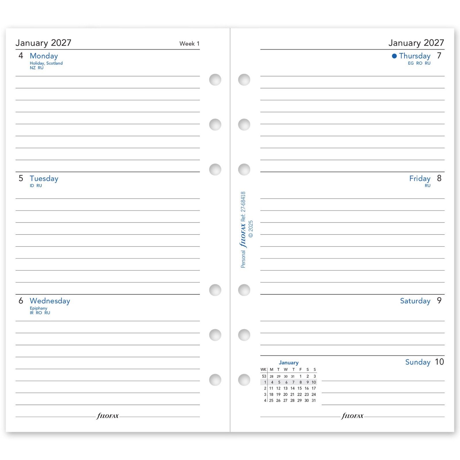 2026 Filofax Personal Size Refill 26-68418, Week on Two Pages, 95mm x 171mm