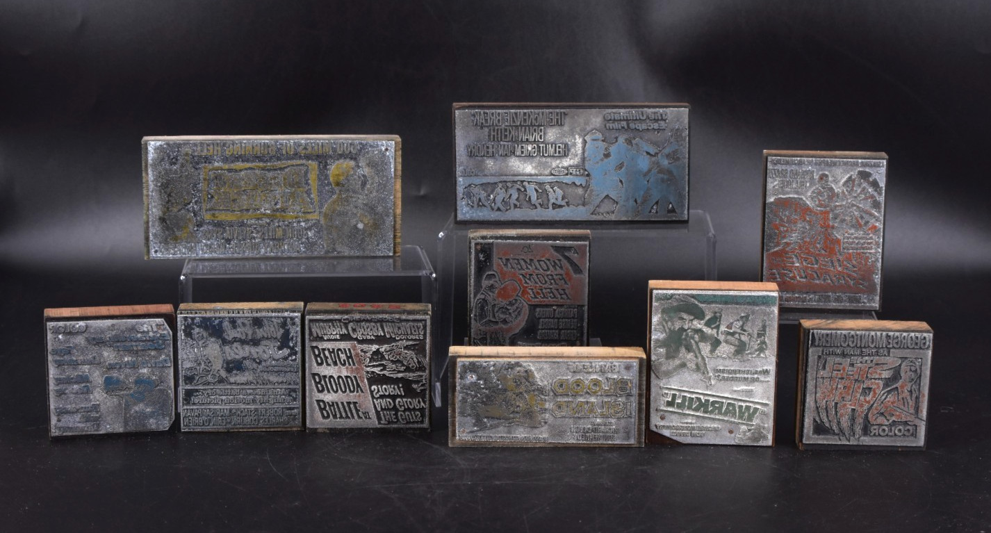 VTG Printing Letterpress (10) Printer Blocks WAR ACTION Movies Stack Keith 1960s