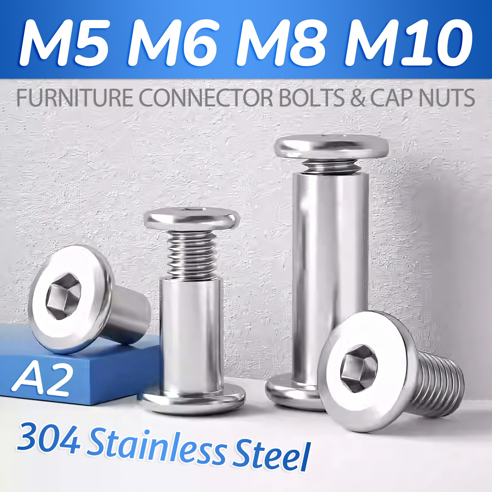 FURNITURE CONNECTOR BOLTS & CAP NUTS, FLAT HEAD ALLEN KEY SCREWS STAINLESS STEEL