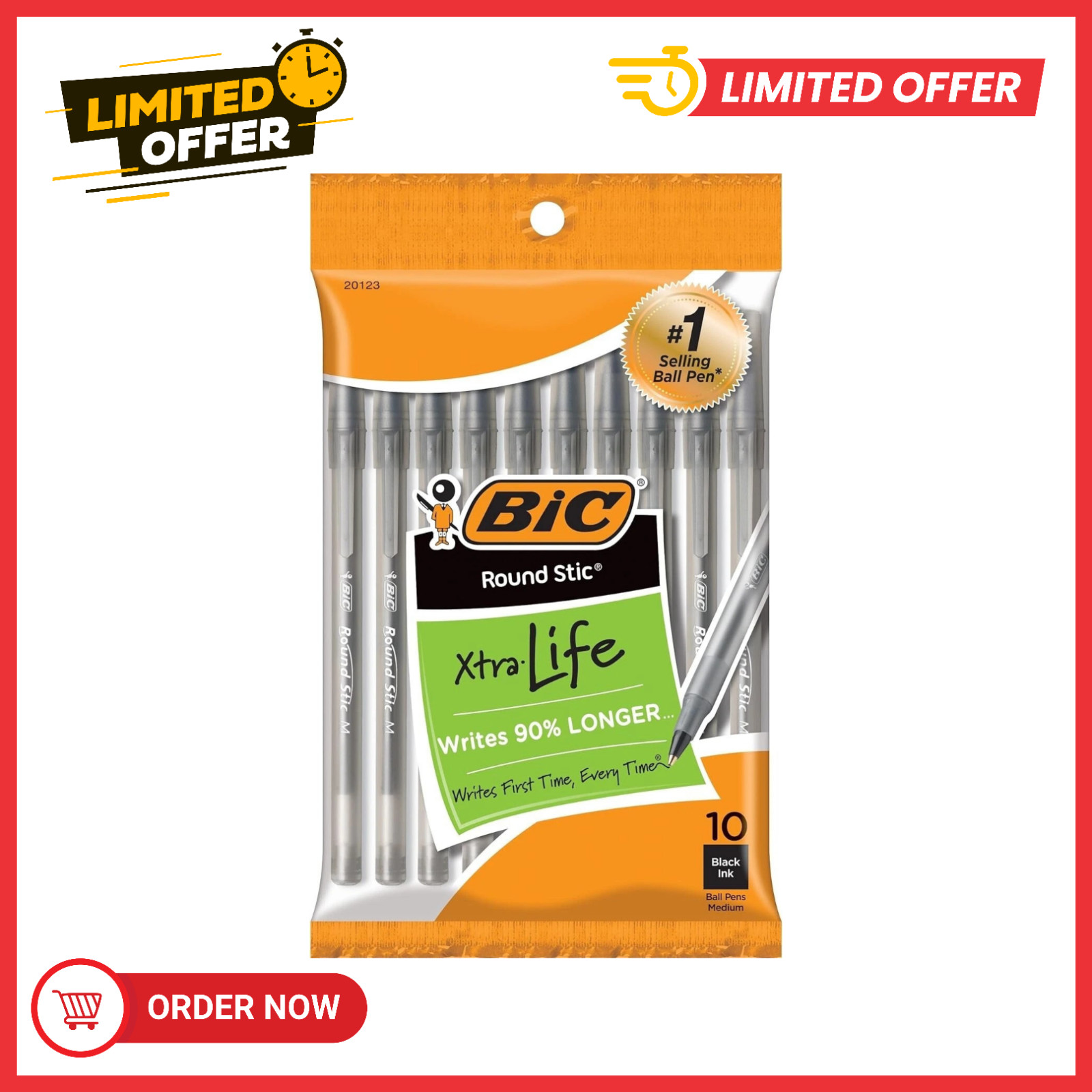 BIC Round Stic Xtra Life Black Ballpoint Pens, Medium Point (1.0mm), 10-Count !!