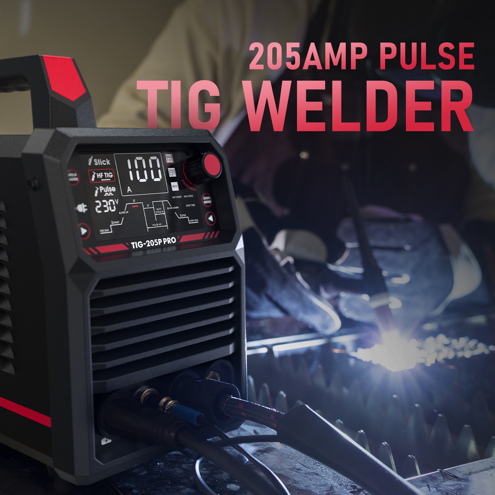 205A Pulse TIG Welder with Large LED Display, 3-in-1, Dual Voltage 110V/220V