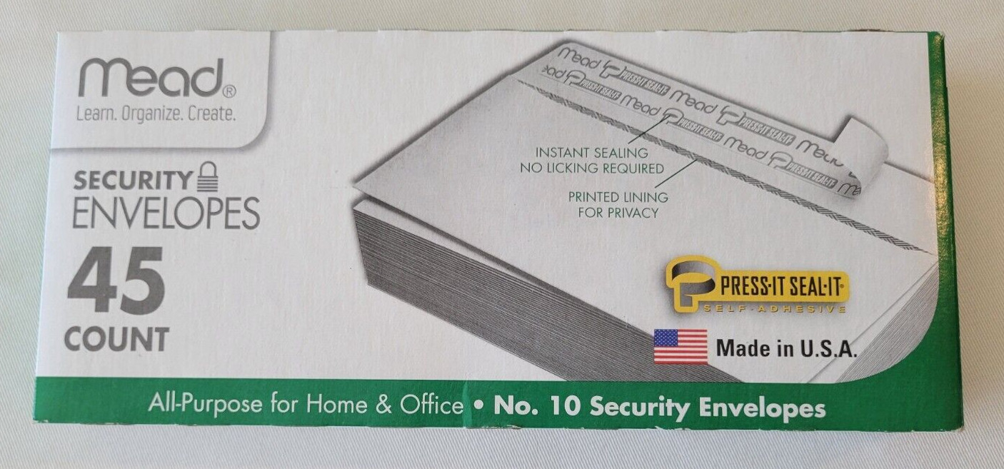 Mead #10 Security Privacy Envelopes, Self Adhesive, 4.125×9.5″ White, 45 count
