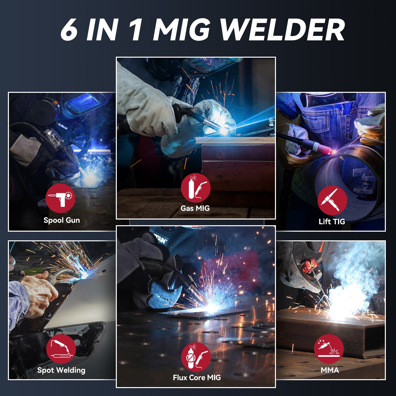ARCCAPTAIN 200A Aluminum MIG Welder 6 in 1 Flux Core MIG/Gas MIG/Lift TIG/Stick