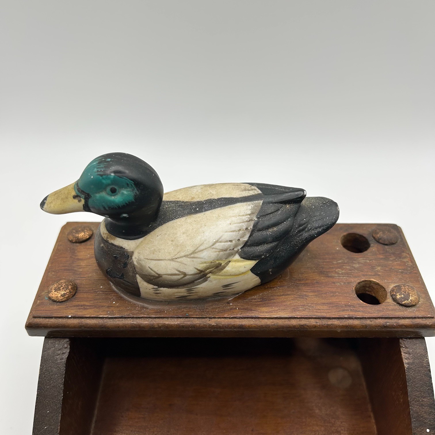 Vintage Giftco Wooden Mallard Duck Desk Organizer Pen Note Memo Holder Rustic