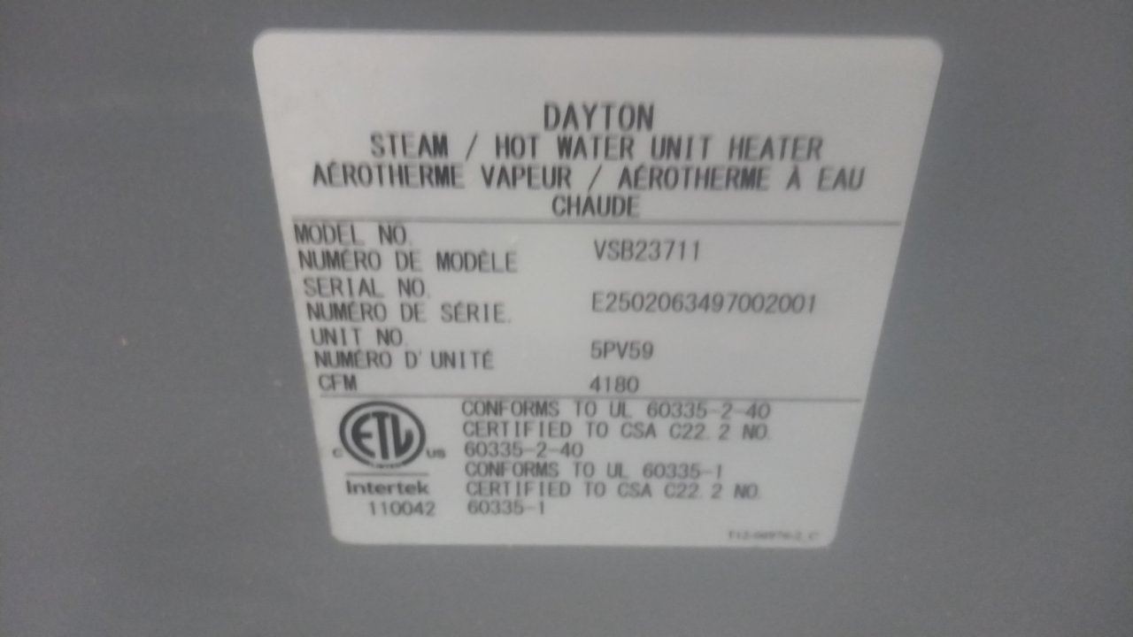 Dayton 5PV59 4180 CFM 120VAC 249,800 BtuH Hydronic Wall and Ceiling Unit Heater