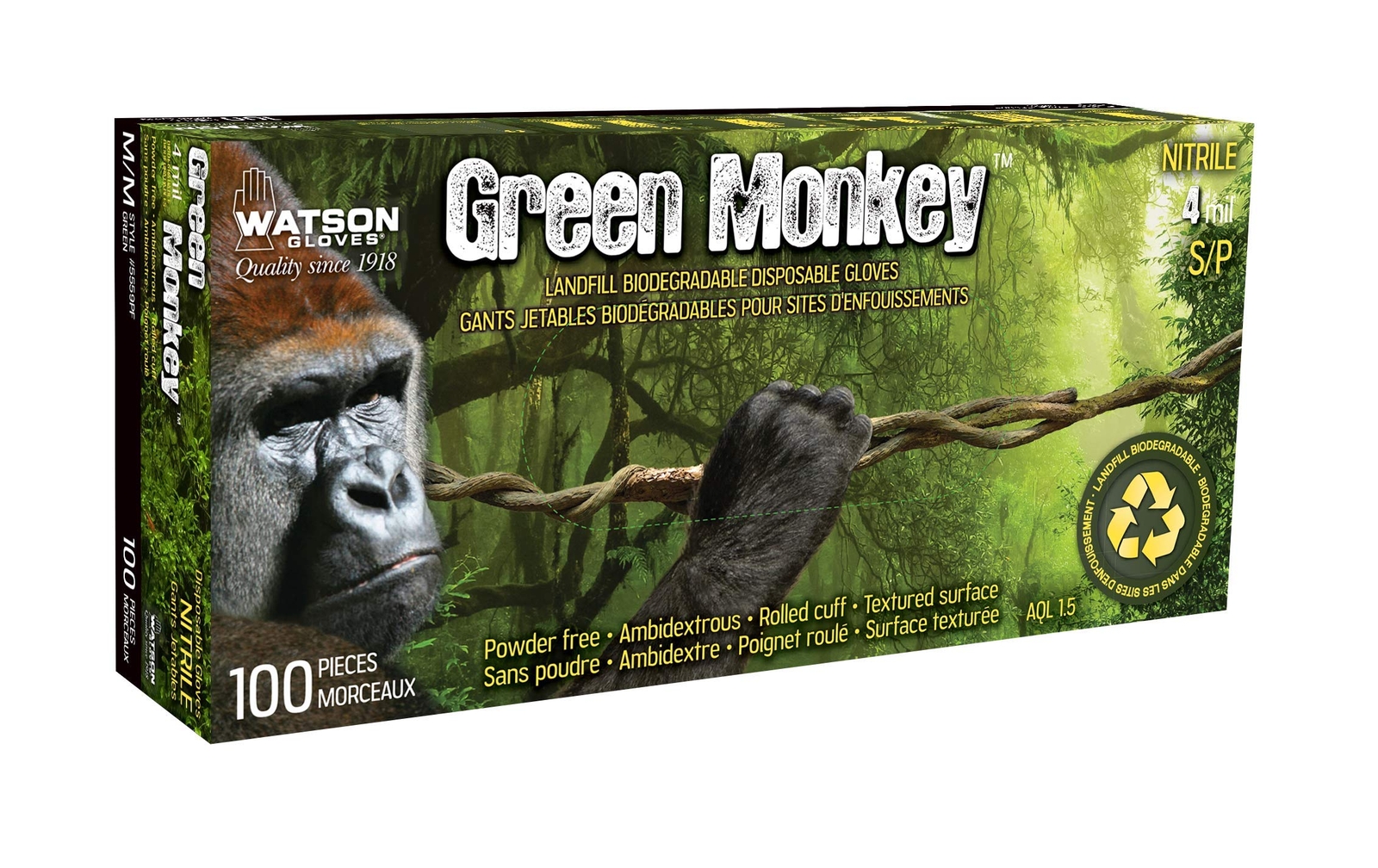 Watson Gloves Green Monkey Nitrile Textured Green Disposable Gloves 100pk Large