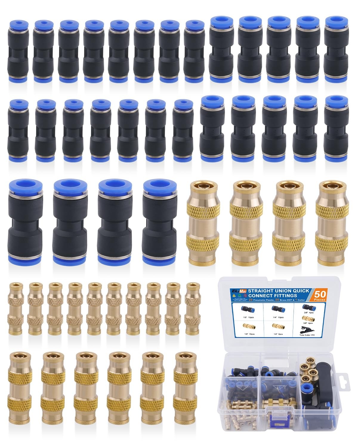 EilxMag 50PCS Push to Connect Fittings Kit, Plastic and Brass Combination Qui…