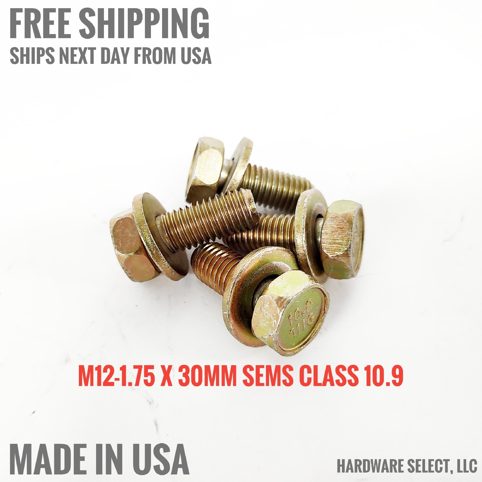 M12-1.75 X 30mm, 4037 Alloy Class 10.9 Sems DIN 933, Yellow Zinc Bolts, 275-QTY