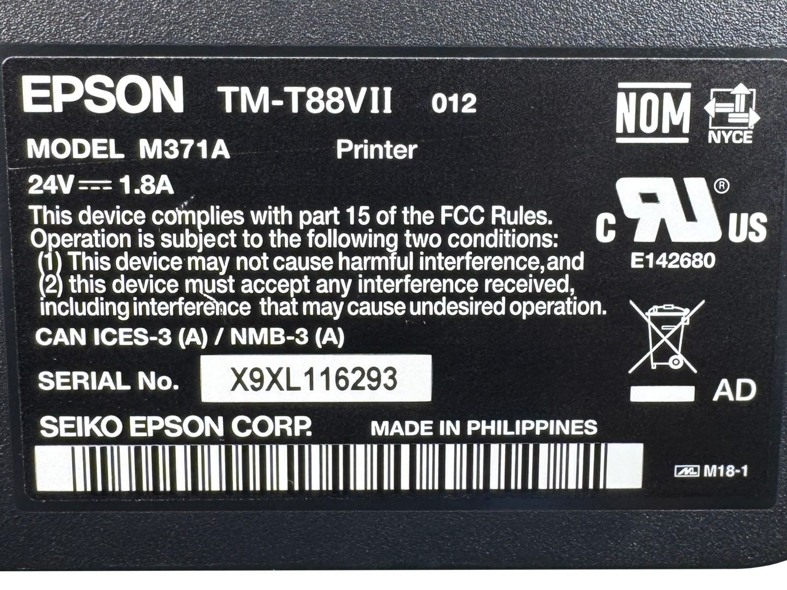 TESTED Epson TM-T88VII M371A Compact POS Thermal Receipt Printer IDN USB LAN
