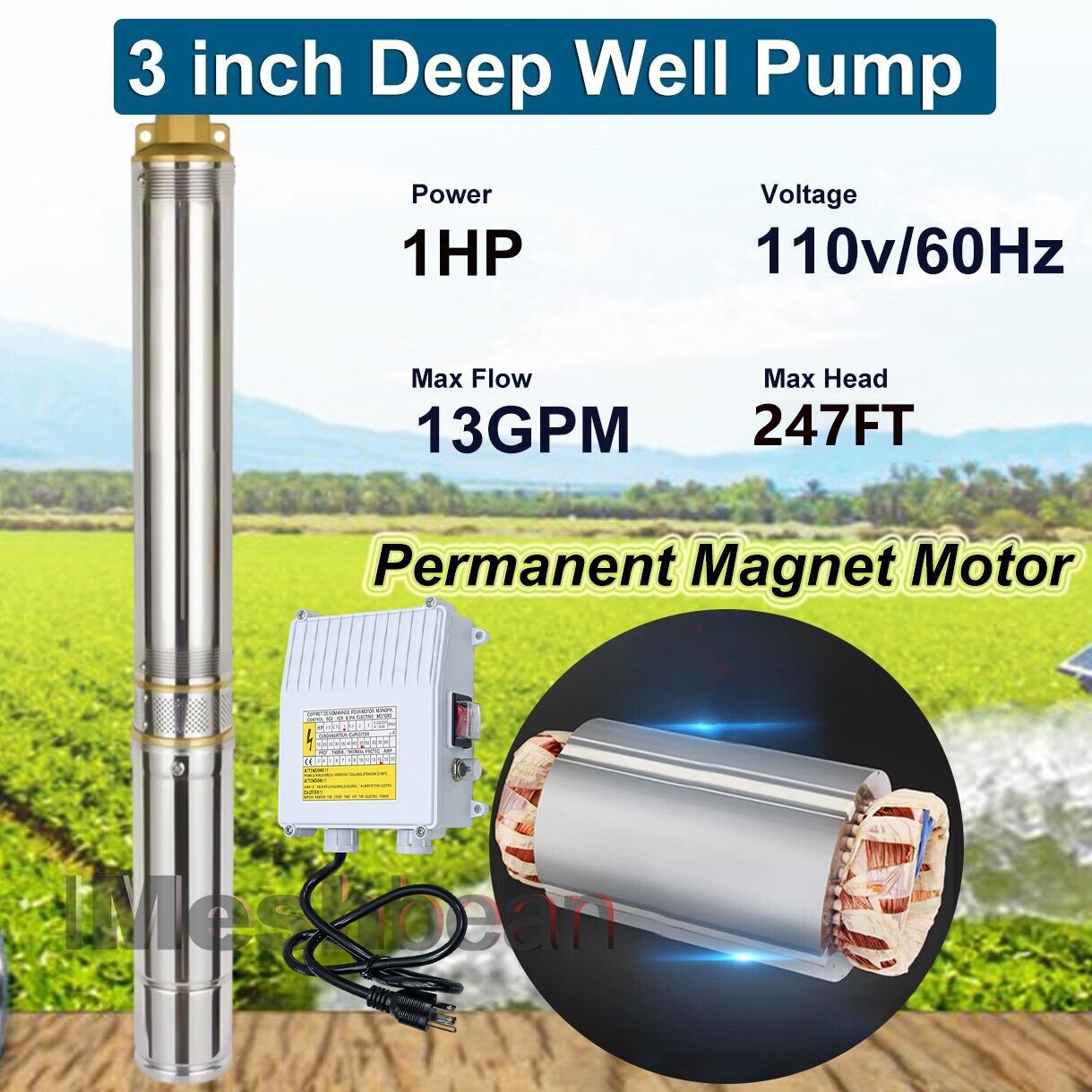 3inch 3/4 HP Deep Well Submersible Pump 110V 13 GPM 247 ft MAX 60Hz 33FT Cord