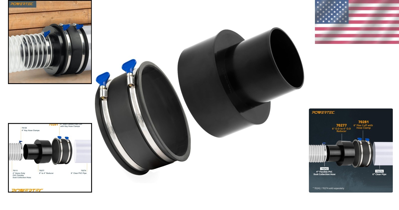 Durable 6″ OD to 4″ OD Dust Collection Reducer with Flex Cuff and Steel Clamps