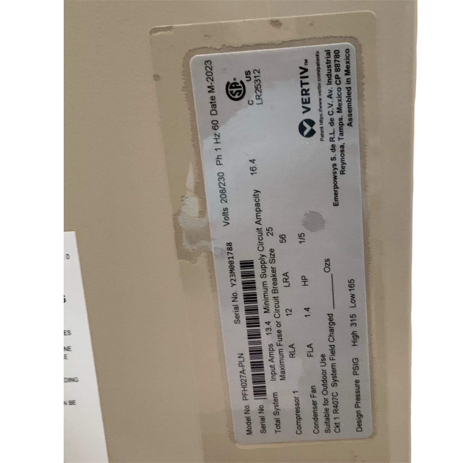 Vertiv Liebert PFH027A-PLN Outdoor Condensing Unit R-407C 208/230V 1Ph