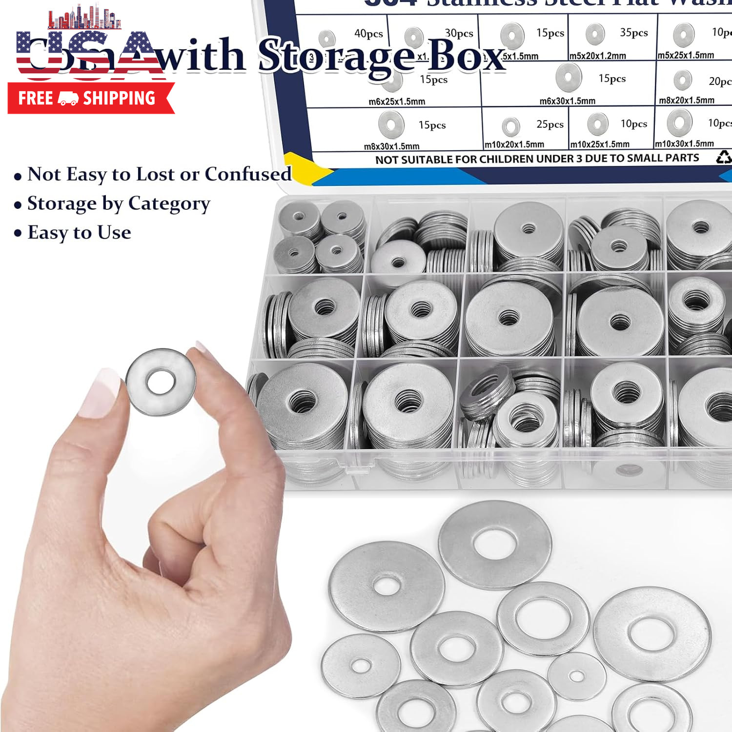290Pcs Flat Washers, 304 Stainless Steel Fender Washers Assortment, 15 Different