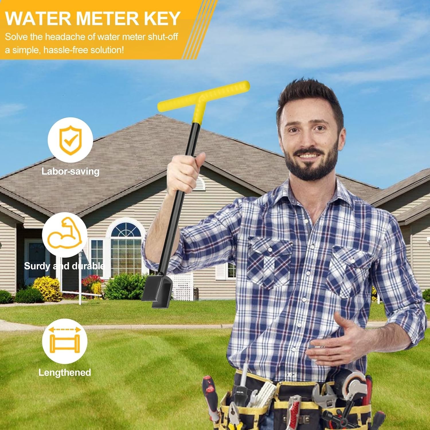 17″ Water Meter Key & 4-Way Utility Wrench Tool – Curb Main Shut Off Valve Steel