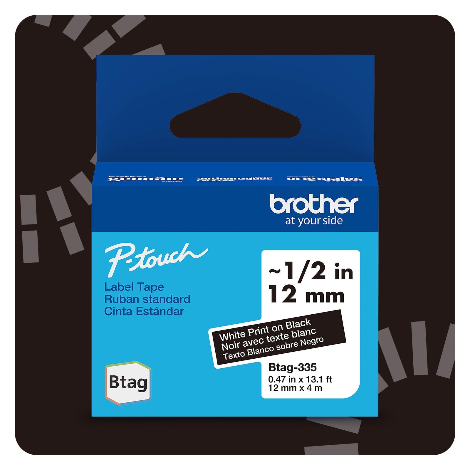Brother Btag White Print On Black Label Tape 12Mm X 13.1Ft For P-touch Makers