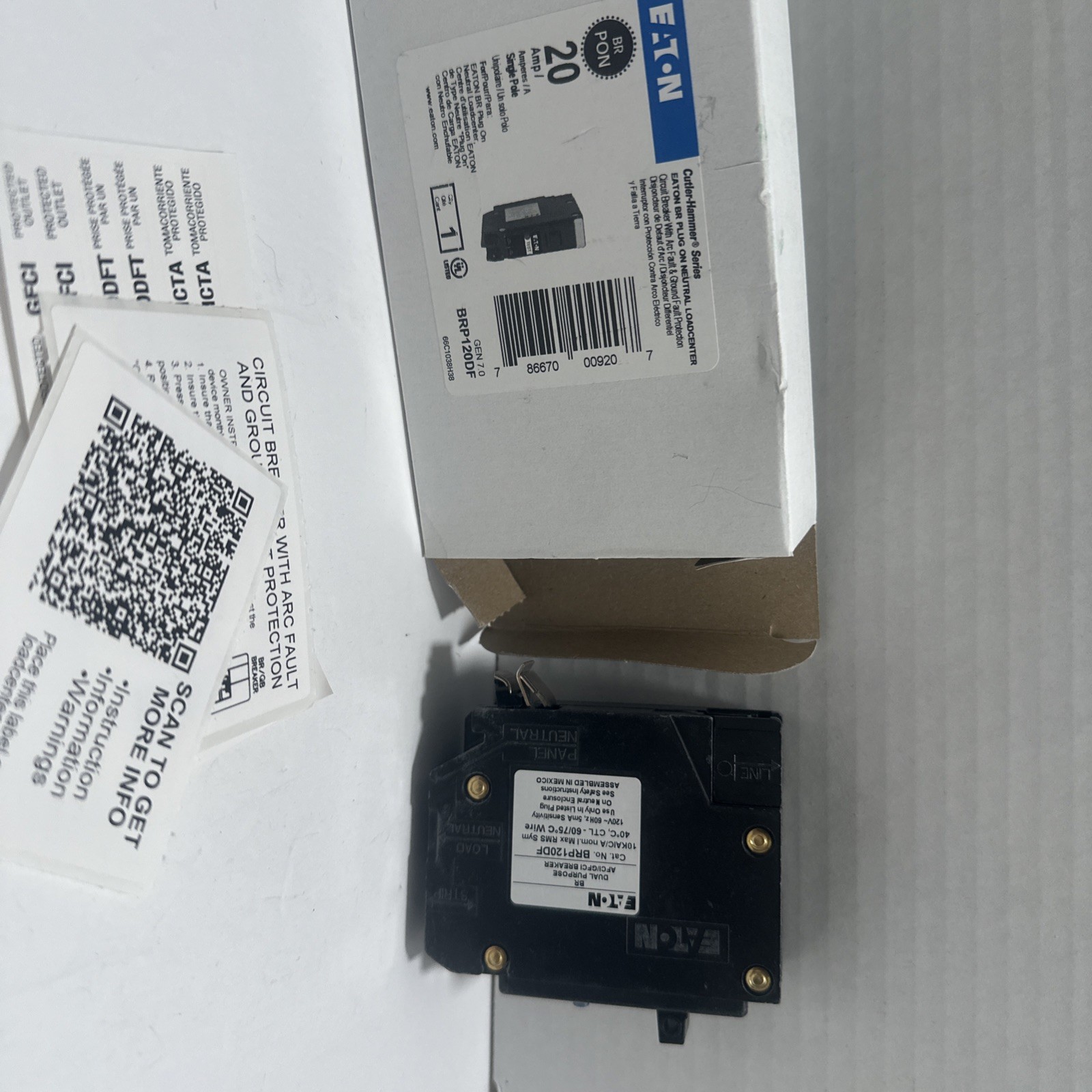 Eaton BRP120DF 20 Amp Dual Function AFCI GFCI Plug-On Neutral Breaker New