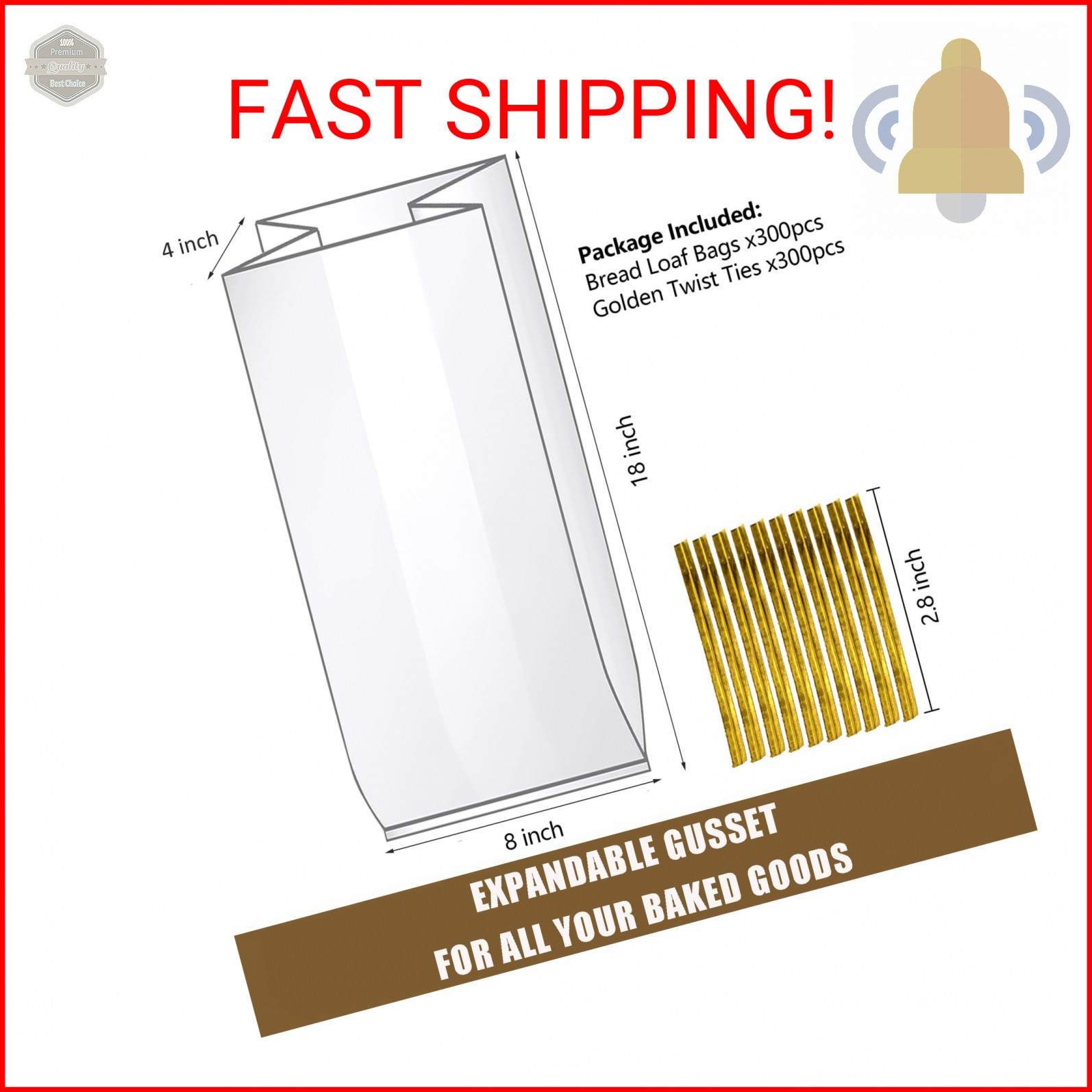 Nicunom 300 Pack Clear Bread Bags with Ties,18x4x8 Inches Plastic Bread Bag Bulk