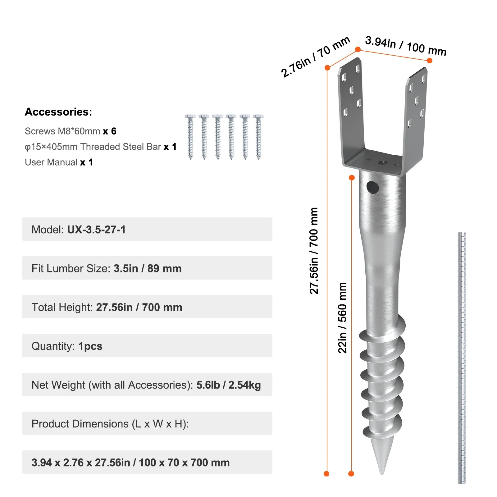 1 Pack 3.94 x 2.76 x 27.56 in No Dig Ground Anchor DIY Screw in Post Stake