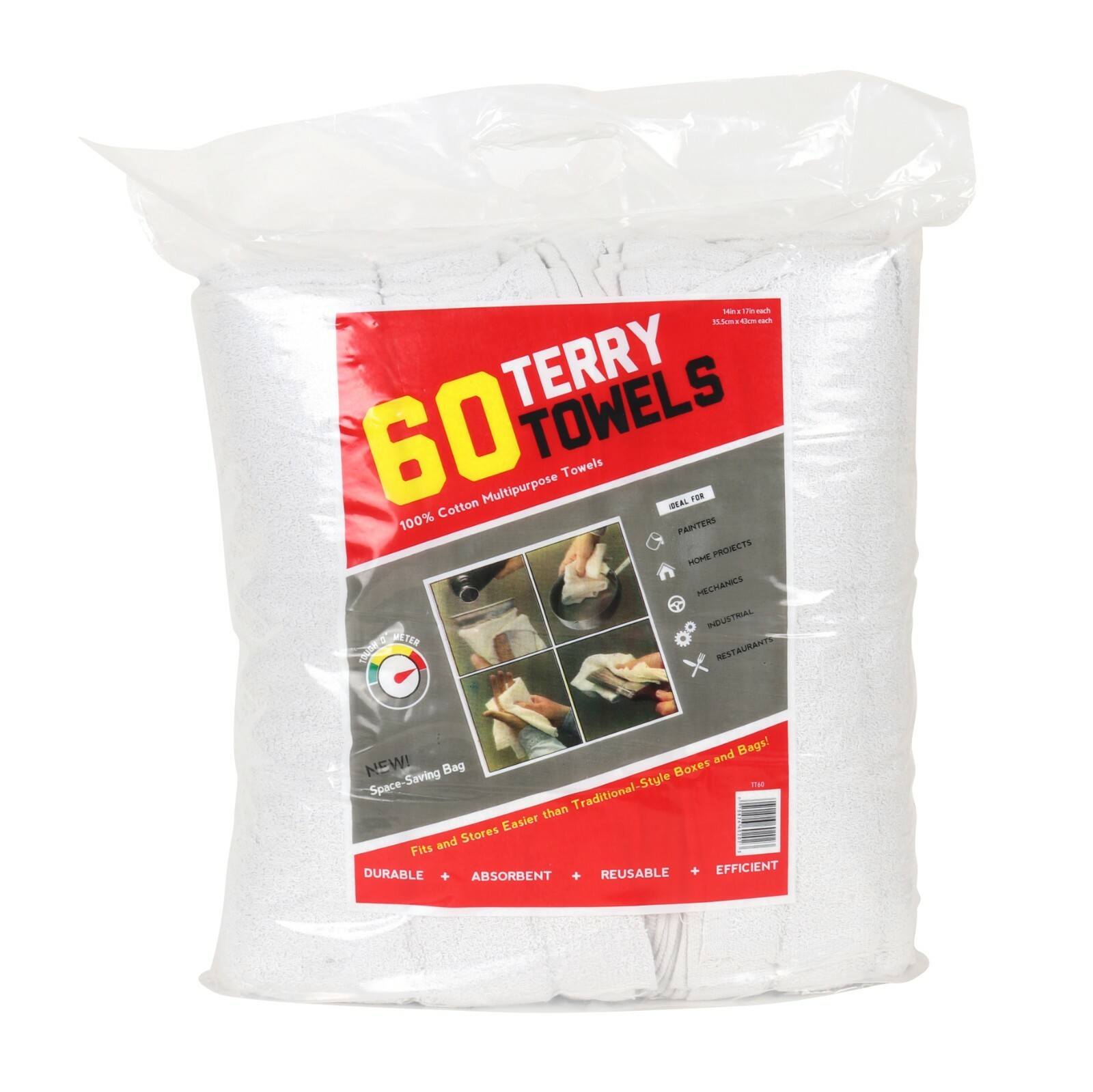 Case of 300 Terry Towels – 5 Bags of 60 All Purpose Cleaning Grade Rags – White