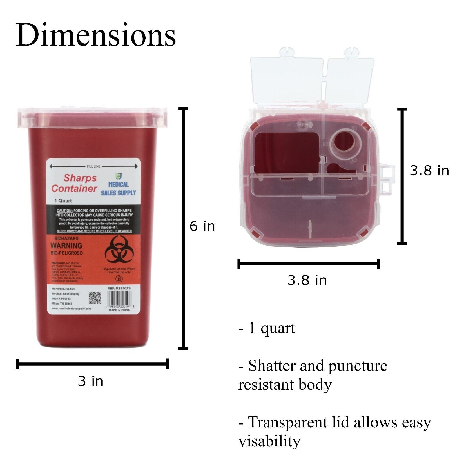 Sharps Container 1 Quart | Biohazard Needle and Syringe Disposal with Flip Lid