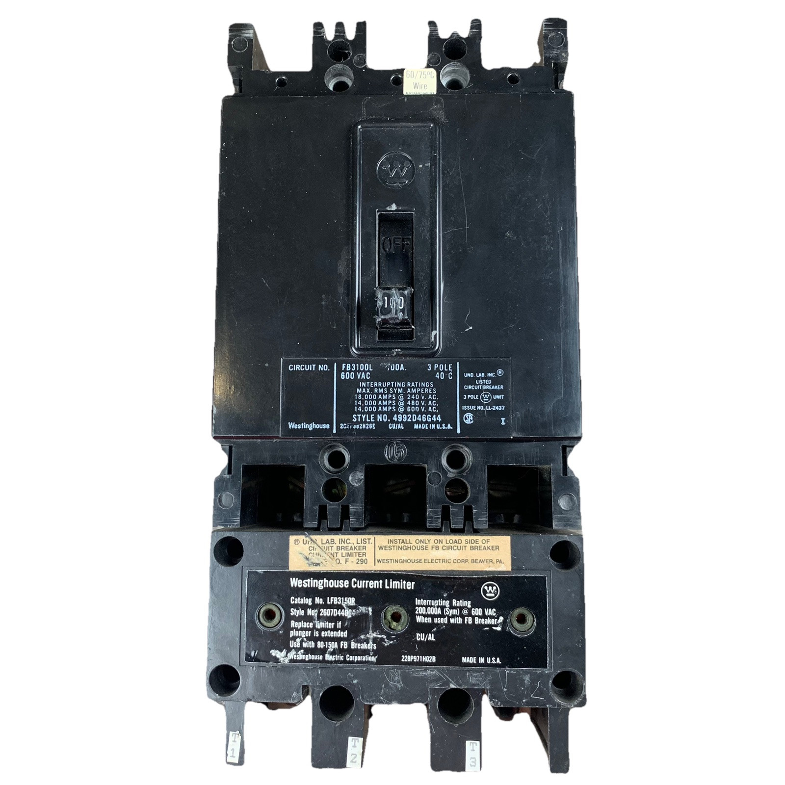 Westinghouse FB3100L 100A 600VAC 3P Circuit Breaker with Current Limiter