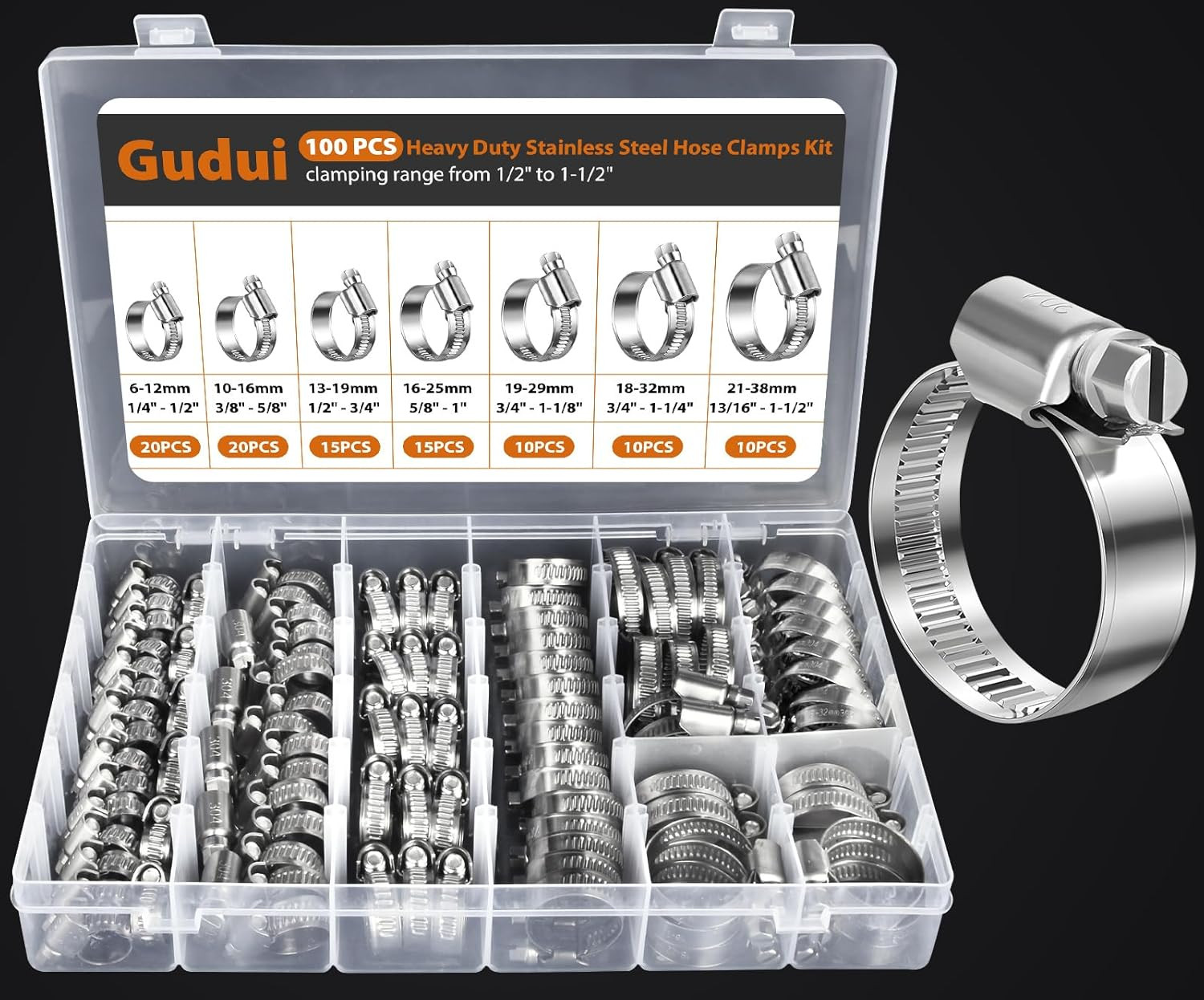 100 PCS Heavy Duty Stainless Steel Hose Clamps Assortment Kit 1/4″- 1-1/2″(6-38M
