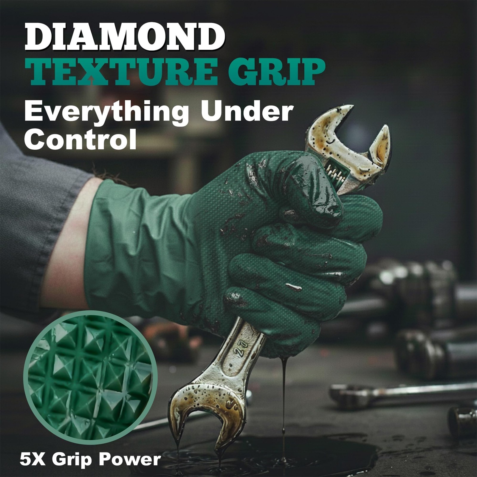 Heavy Duty 8 Mil Nitrile Gloves, Dark Green Raised Diamond Grip, Industrial D…